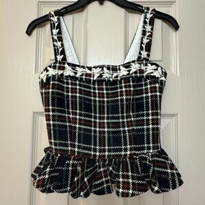 Fanm Mon Tweed Floral Embroidered Square Neckline Tank Strap Peplum - Small